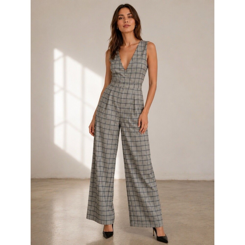Lost + Wander Plaid Wide Leg Jumpsuit Women Small Gray Windowpane Sleeveless